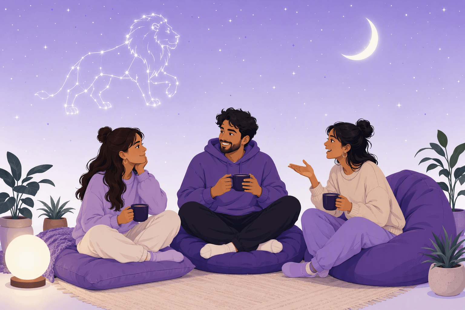 Three friends chatting with mugs on floor cushions under a night sky with a glowing lion constellation and a crescent moon