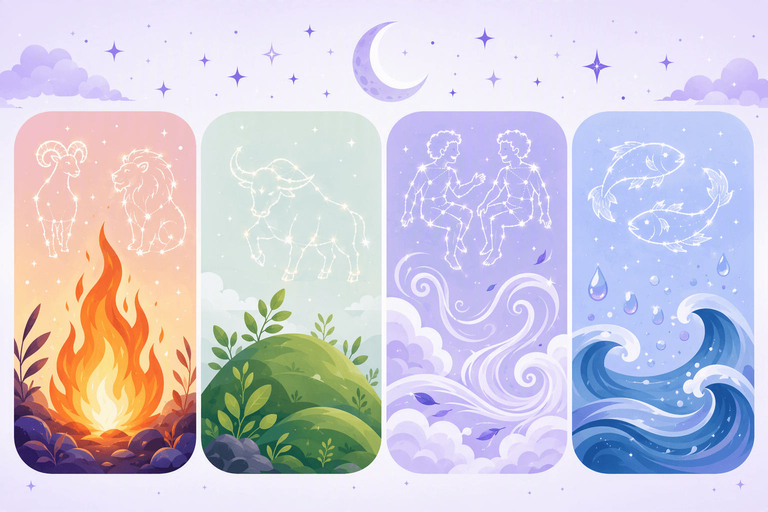 Fire, earth, air and water elements with ram, lion, bull, twins and fish constellations