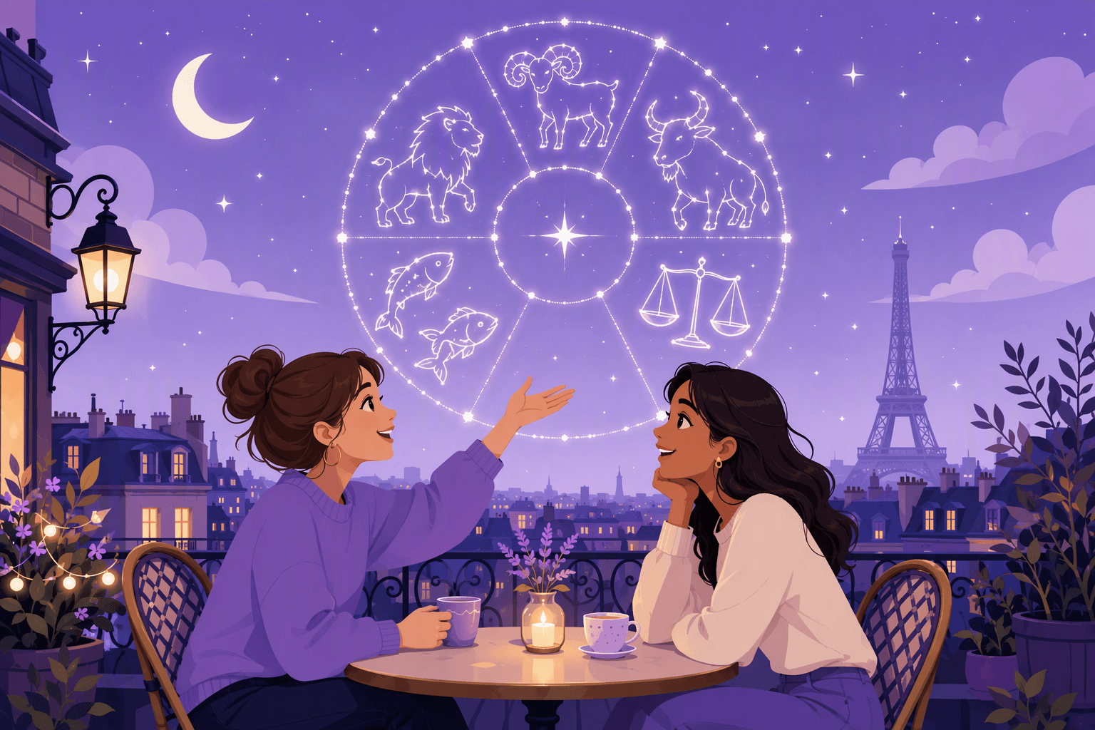 Two friends talking about astrology at a Parisian cafe under a starry zodiac wheel