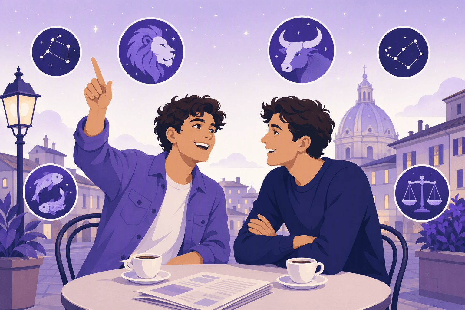 Two friends at an Italian cafe table chatting about zodiac signs under a starry evening sky, surrounded by constellation and animal sign badges