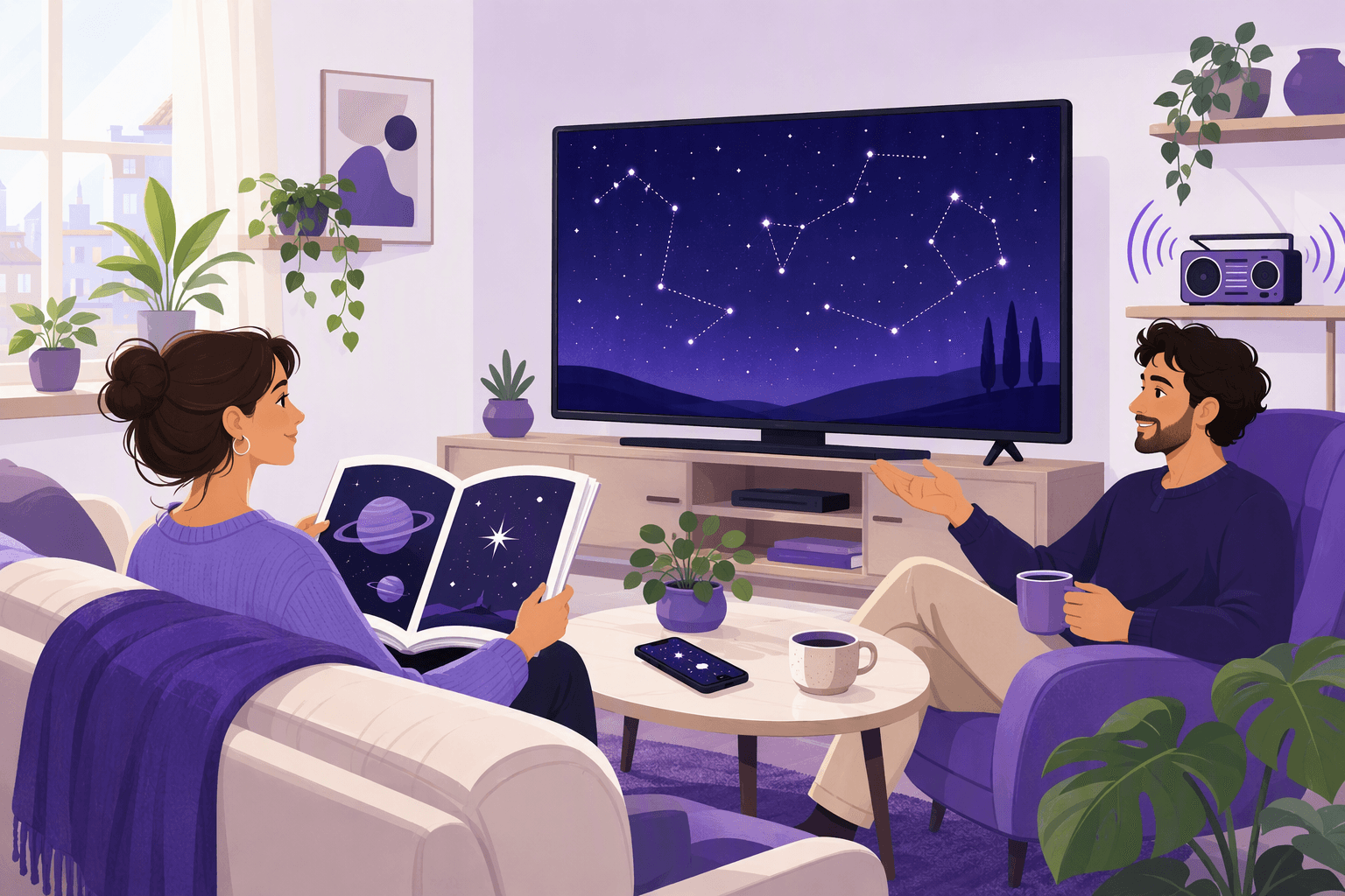 Italian living room in the morning with a starry horoscope segment on TV, an astrology magazine, a phone and a radio